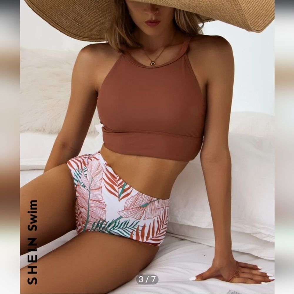 Shein Rust Bikini Top and Leaf Print Bottoms Boho Plants Tropical Size Large